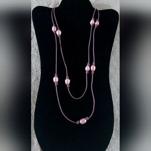 Handmade Light Purple Leather & 12 Pink Pearl Necklace